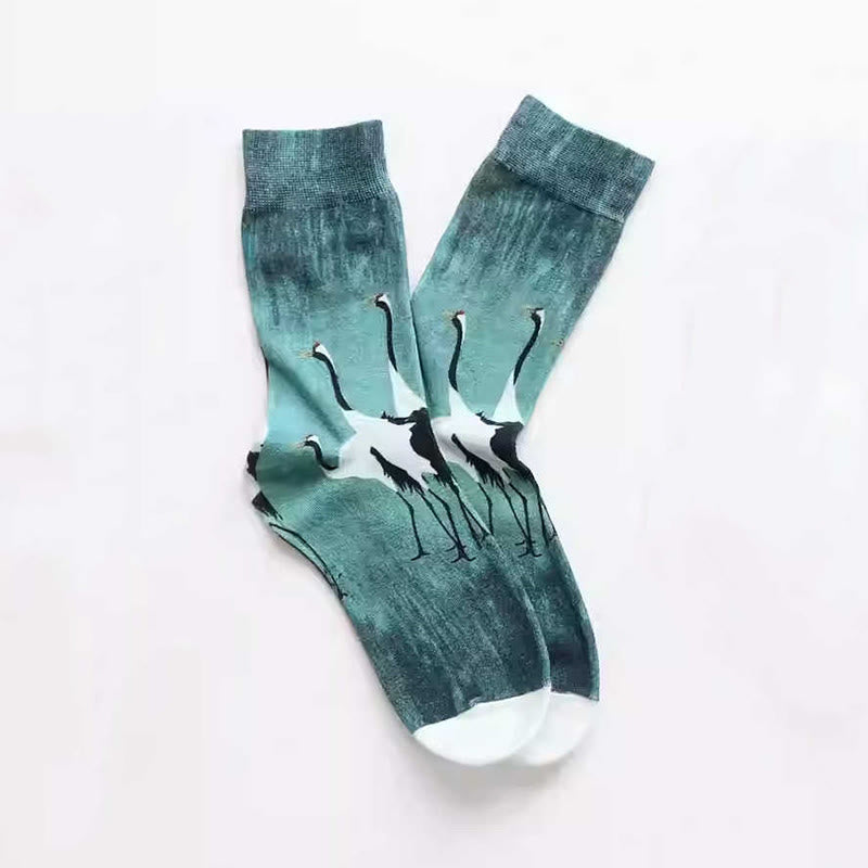 Chaussettes mi-mollet décontractées en coton blanc avec motif grue Buddha Stones pour femme - image 1