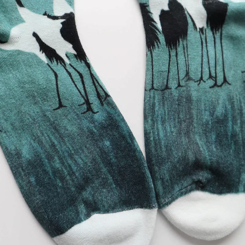 Chaussettes mi-mollet décontractées en coton blanc avec motif grue Buddha Stones pour femme - image 2