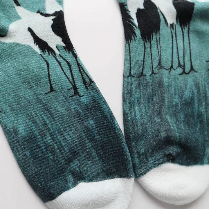 Chaussettes mi-mollet décontractées en coton blanc avec motif grue Buddha Stones pour femme - image 2