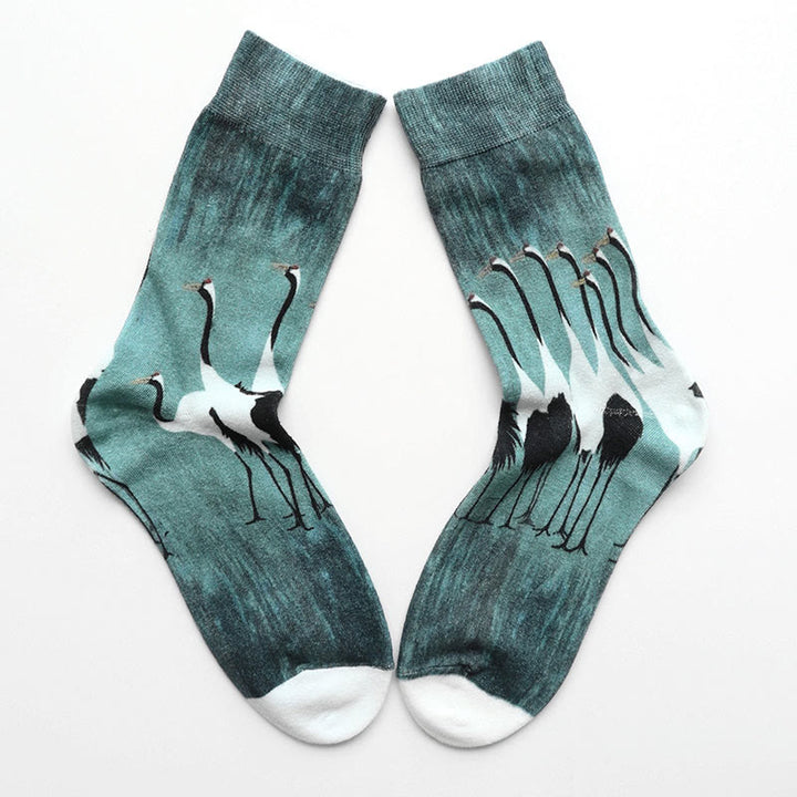 Chaussettes mi-mollet décontractées en coton blanc avec motif grue Buddha Stones pour femme - CadetBlue - S (US 4,5-7, EU 35-38, UK/AU 2,5-4,5, AISA 22,5-24,5 cm) - image 0