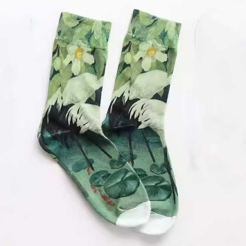 Buddha Stones décontractées en coton pour femme, motif grue blanche, motif floral, feuille de lotus, poisson koï - image 1
