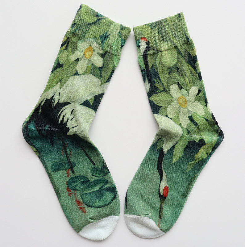 Buddha Stones décontractées en coton pour femme, motif grue blanche, motif floral, feuille de lotus, poisson koï - Aigue-marine moyenne - S (US 4,5-7, EU 35-38, UK/AU 2,5-4,5, AISA 22,5-24,5 cm) - image 0