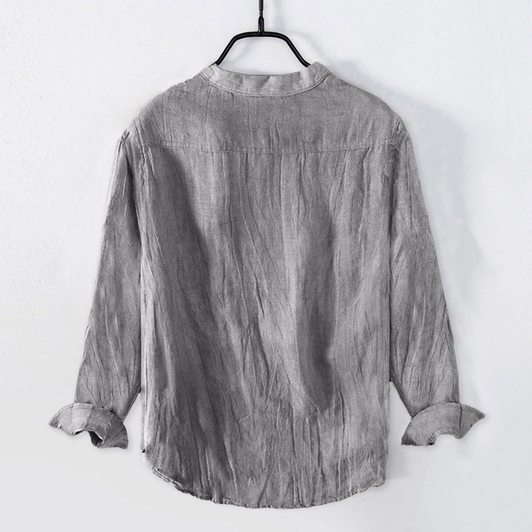 Chemise à manches longues et demi-boutonnée en coton et lin avec Buddha Stones , couleur unie, vêtements pour hommes - image 2