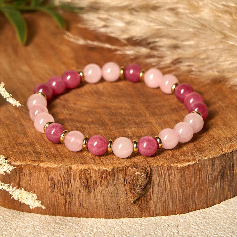 Bracelet Buddha Stones en perles de cristal rose quartz fraise, amour positif - image 1