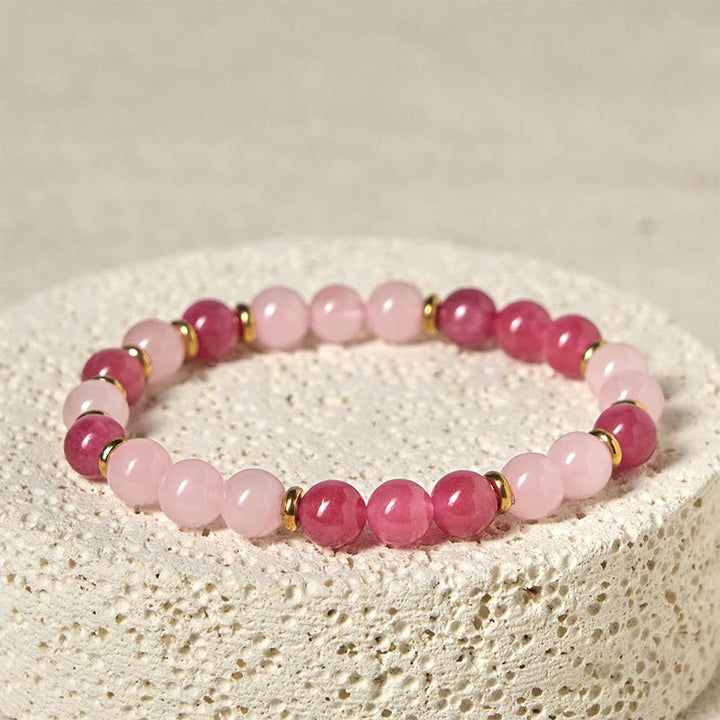 Bracelet Buddha Stones en perles de cristal rose quartz fraise, amour positif - Quartz fraise et cristal rose (tour de poignet : 19-22 cm) - image 0