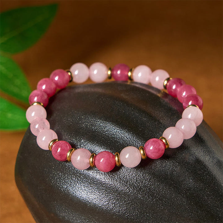 Bracelet Buddha Stones en perles de cristal rose quartz fraise, amour positif - image 3