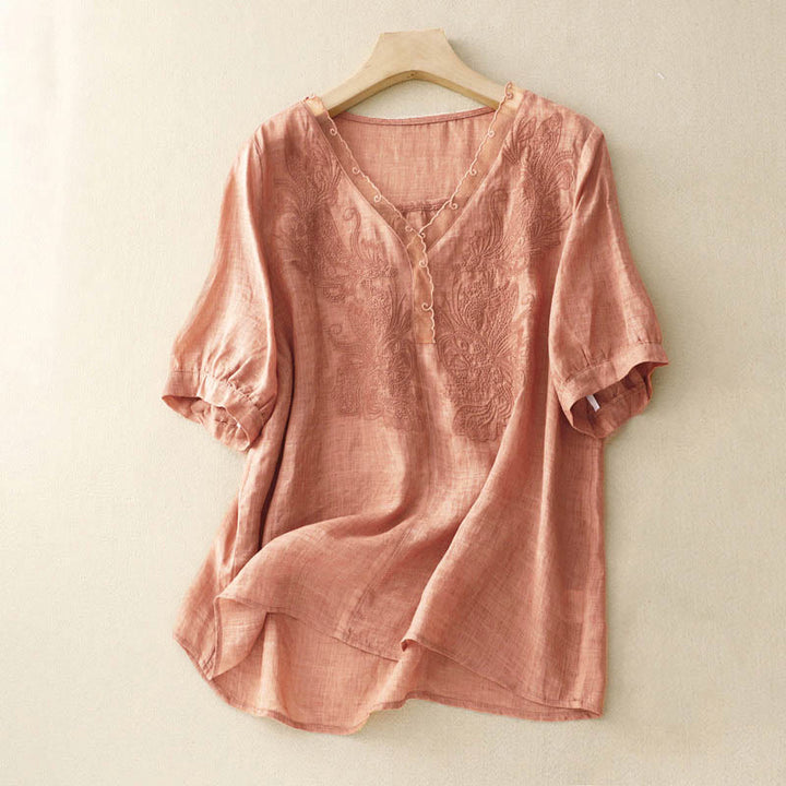 Chemise à manches mi-longues et col en V avec motif papillon Buddha Stones pour femme - SandyBrown - US14，UK/AU18，EU46 (2XL) - image 0