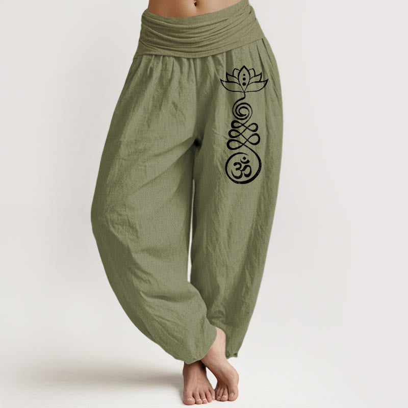 Pantalon sarouel en coton à taille élastique pour femme, motif Buddha Stones , motif Lotus Om - Vert olive - US22，UK/AU26，EU54 (6XL) - image 0
