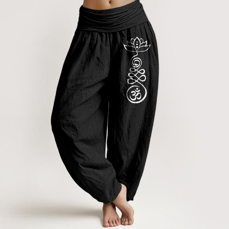 Pantalon sarouel en coton à taille élastique pour femme, motif Buddha Stones , motif Lotus Om - Noir - US22，UK/AU26，EU54 (6XL) - image 5