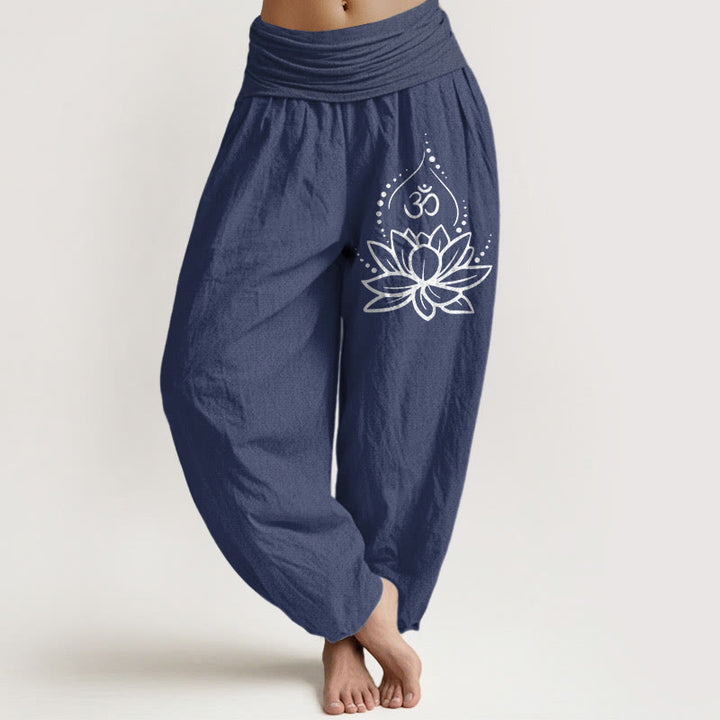 Pantalon sarouel en coton à taille élastique pour femme, motif symbole Om et lotus en fleurs, Buddha Stones - Bleu ardoise foncé - US22，UK/AU26，EU54 (6XL) - image 0