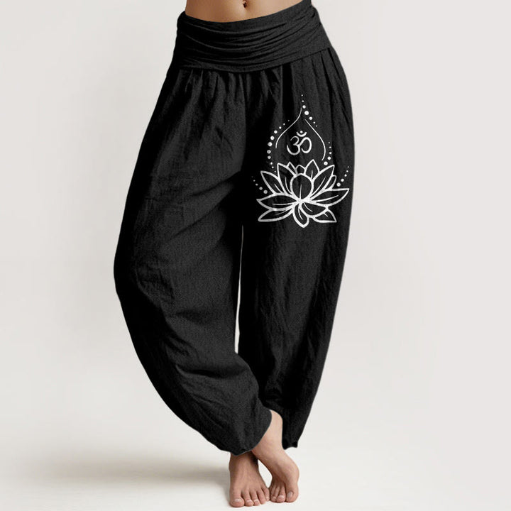 Pantalon sarouel en coton à taille élastique pour femme, motif symbole Om et lotus en fleurs, Buddha Stones - Noir - US22，UK/AU26，EU54 (6XL) - image 5