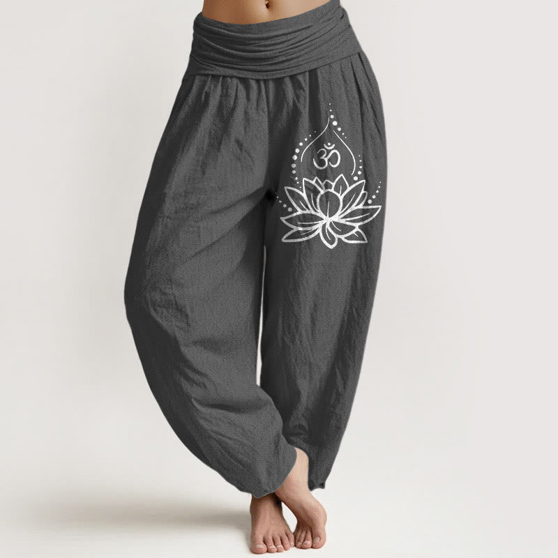 Pantalon sarouel en coton à taille élastique pour femme, motif symbole Om et lotus en fleurs, Buddha Stones - Gris foncé - US22，UK/AU26，EU54 (6XL) - image 8
