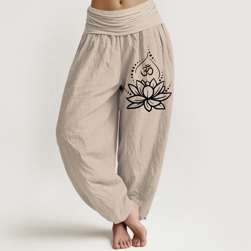 Pantalon sarouel en coton à taille élastique pour femme, motif symbole Om et lotus en fleurs, Buddha Stones - Tanné - US22，UK/AU26，EU54 (6XL) - image 11