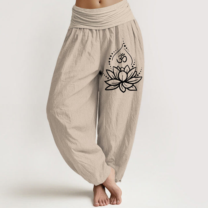 Pantalon sarouel en coton à taille élastique pour femme, motif symbole Om et lotus en fleurs, Buddha Stones - Tanné - US22，UK/AU26，EU54 (6XL) - image 11