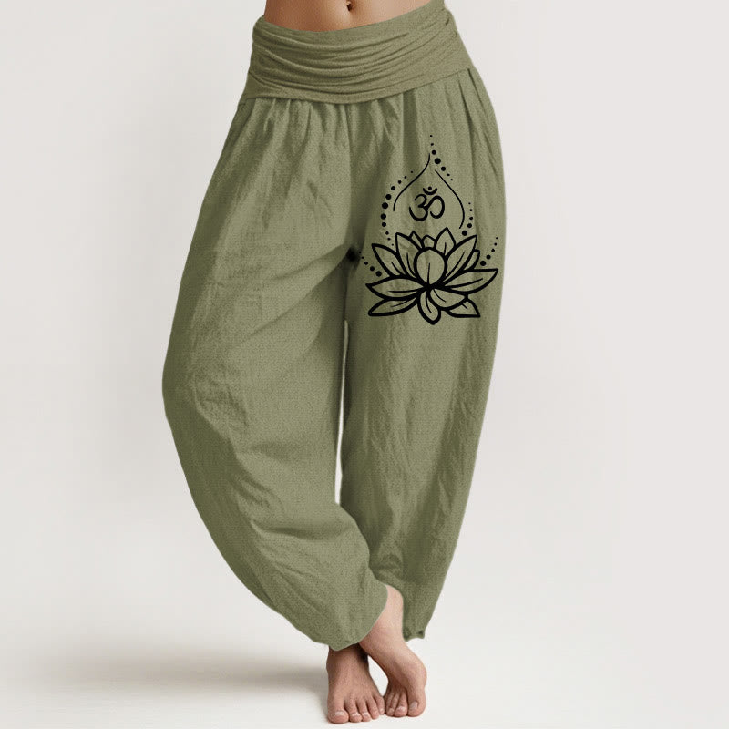 Pantalon sarouel en coton à taille élastique pour femme, motif symbole Om et lotus en fleurs, Buddha Stones - Vert olive - US22，UK/AU26，EU54 (6XL) - image 14