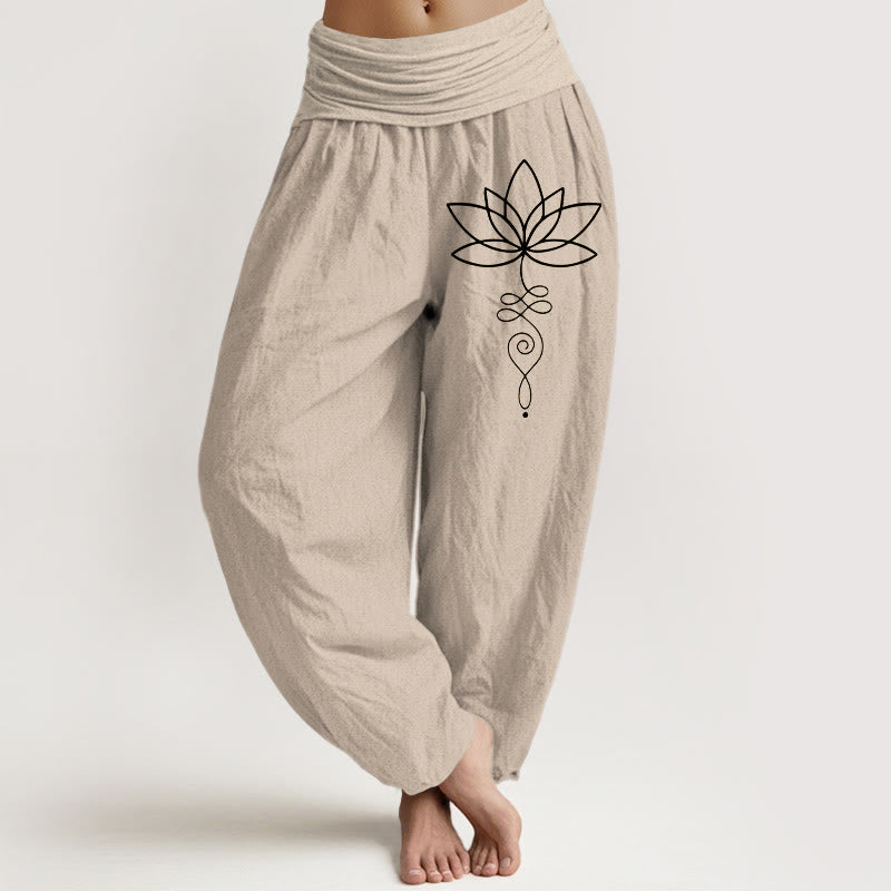 Pantalon sarouel en pur coton pour femme, taille élastique, Buddha Stones, Lotus, symbole Unalome - Tanné - US22，UK/AU26，EU54 (6XL) - image 0