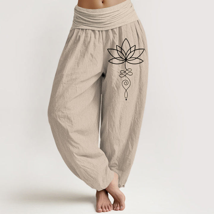 Pantalon sarouel en pur coton pour femme, taille élastique, Buddha Stones, Lotus, symbole Unalome - Tanné - US22，UK/AU26，EU54 (6XL) - image 0