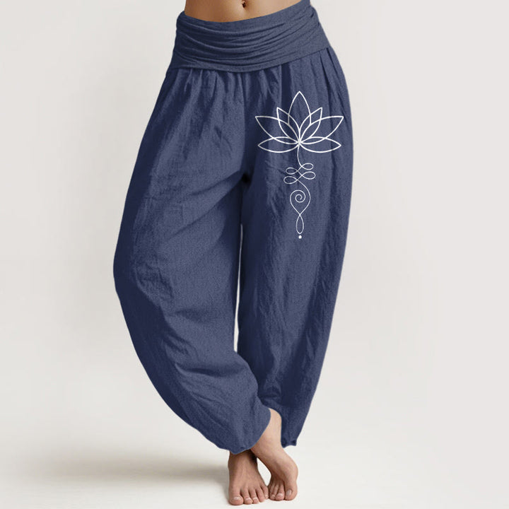 Pantalon sarouel en pur coton pour femme, taille élastique, Buddha Stones, Lotus, symbole Unalome - Bleu ardoise foncé - US22，UK/AU26，EU54 (6XL) - image 8