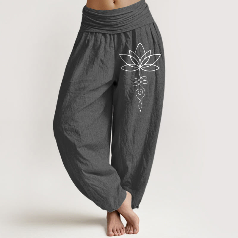 Pantalon sarouel en pur coton pour femme, taille élastique, Buddha Stones, Lotus, symbole Unalome - Gris terne - US22，UK/AU26，EU54 (6XL) - image 11