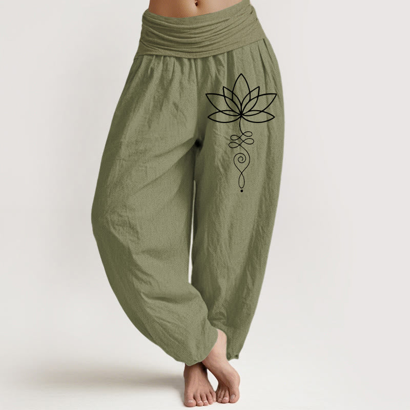 Pantalon sarouel en pur coton pour femme, taille élastique, Buddha Stones, Lotus, symbole Unalome - Vert olive - US22，UK/AU26，EU54 (6XL) - image 14