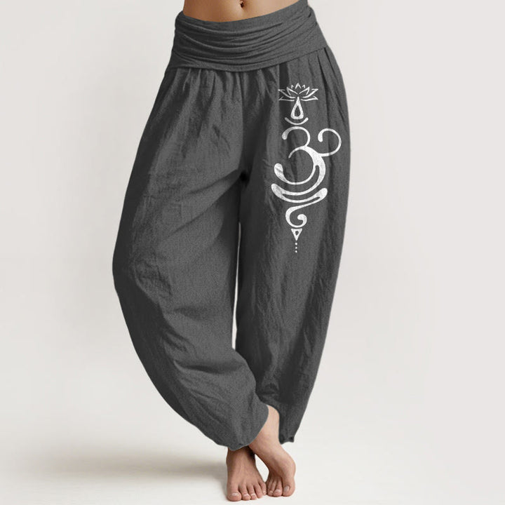 Pantalon sarouel en pur coton pour femme, taille élastique, motif symbole Unalome , Buddha Stones, fleur de lotus - Gris terne - US22，UK/AU26，EU54 (6XL) - image 0