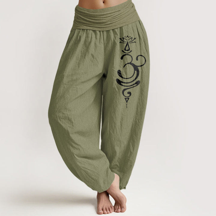 Pantalon sarouel en pur coton pour femme, taille élastique, motif symbole Unalome , Buddha Stones, fleur de lotus - Vert olive - US22，UK/AU26，EU54 (6XL) - image 14