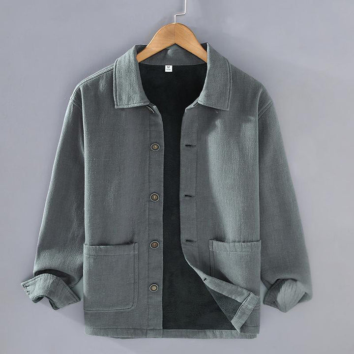 Veste en lin et coton ramie à manches longues pour homme, doublée de polaire thermique et avec poches, signée Buddha Stones - Gris ardoise clair - US/UK/AU42，EU52 (3XL) - image 0