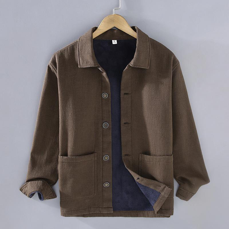 Veste en lin et coton ramie à manches longues pour homme, doublée de polaire thermique et avec poches, signée Buddha Stones - SaddleBrown - US/UK/AU42，EU52 (3XL) - image 14