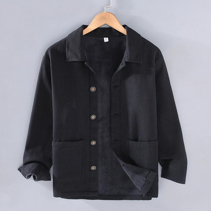 Veste en lin et coton ramie à manches longues pour homme, doublée de polaire thermique et avec poches, signée Buddha Stones - Noir - US/UK/AU42，EU52 (3XL) - image 11