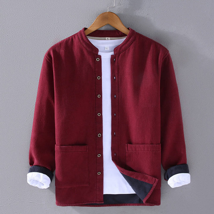 Veste en coton ramie thermique à manches longues et col montant Buddha Stones pour homme, doublée de polaire et avec poches - Brique réfractaire - US/UK/AU42，EU52 (3XL) - image 1