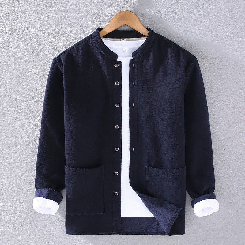 Veste en coton ramie thermique à manches longues et col montant Buddha Stones pour homme, doublée de polaire et avec poches - Bleu nuit - US/UK/AU42，EU52 (3XL) - image 3