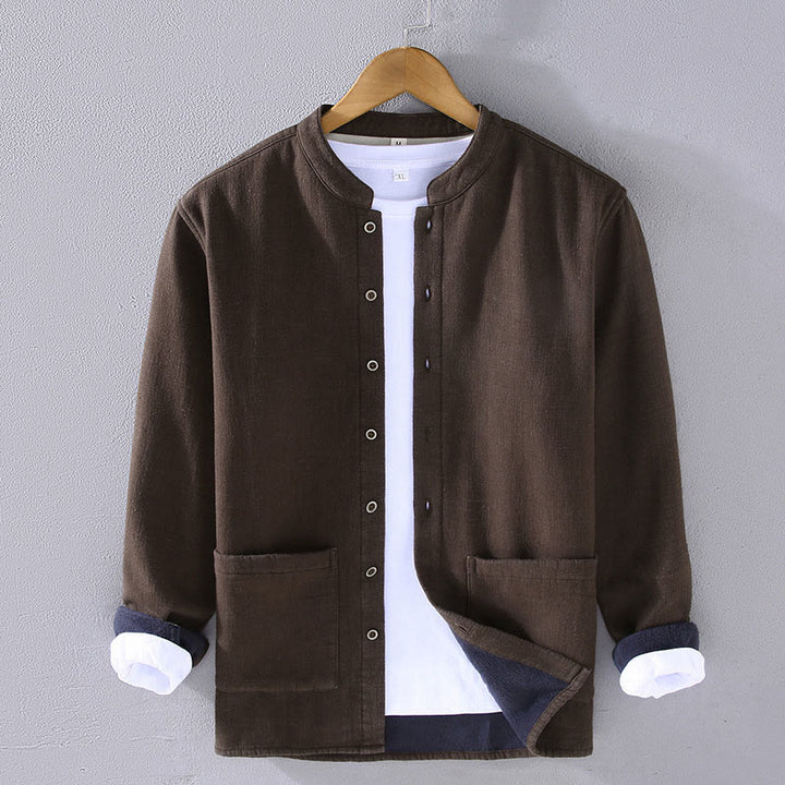 Veste en coton ramie thermique à manches longues et col montant Buddha Stones pour homme, doublée de polaire et avec poches - SaddleBrown - US/UK/AU42，EU52 (3XL) - image 0