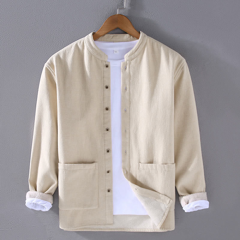 Veste en coton ramie thermique à manches longues et col montant Buddha Stones pour homme, doublée de polaire et avec poches - Beige - US/UK/AU42，EU52 (3XL) - image 4