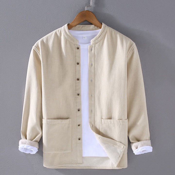 Veste en coton ramie thermique à manches longues et col montant Buddha Stones pour homme, doublée de polaire et avec poches - Beige - US/UK/AU42，EU52 (3XL) - image 4