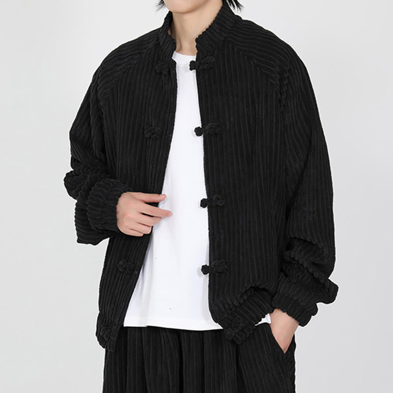 Veste en velours côtelé de coton à manches longues et boutons grenouille pour homme de Buddha Stones avec poches - image 3