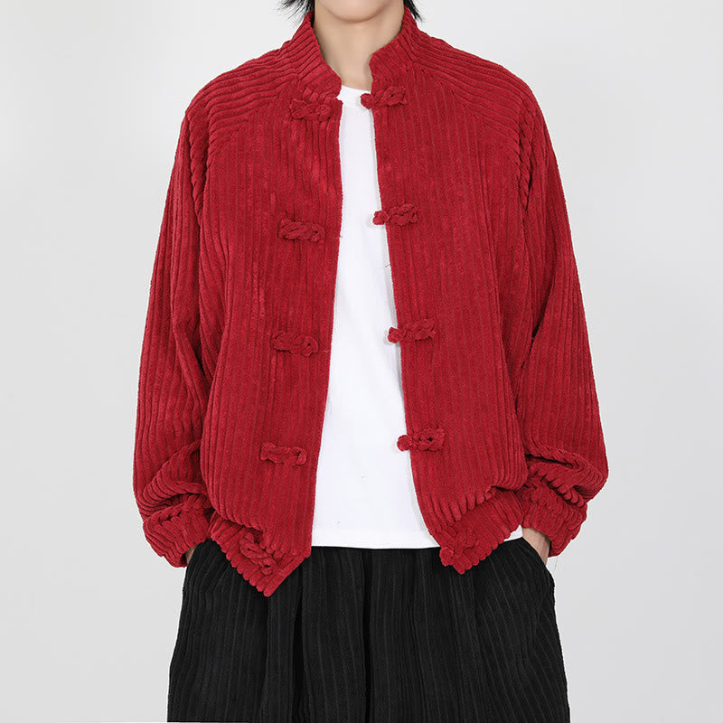 Veste en velours côtelé de coton à manches longues et boutons grenouille pour homme de Buddha Stones avec poches - Cramoisi - US/UK/AU46，EU56 (5XL) - image 7