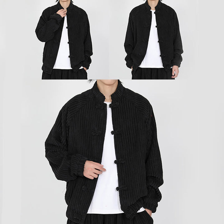 Veste en velours côtelé de coton à manches longues et boutons grenouille pour homme de Buddha Stones avec poches - image 6