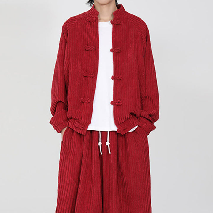 Veste en velours côtelé de coton à manches longues et boutons grenouille pour homme de Buddha Stones avec poches - image 12