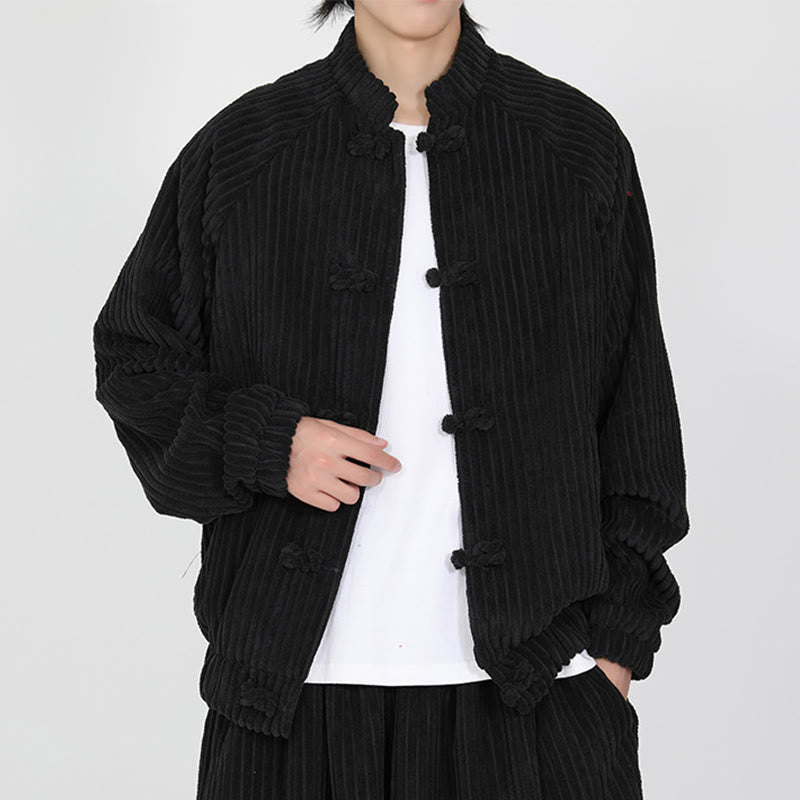 Veste en velours côtelé de coton à manches longues et boutons grenouille pour homme de Buddha Stones avec poches - Noir - US/UK/AU46，EU56 (5XL) - image 0