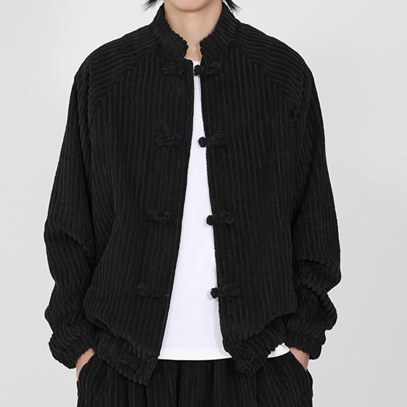 Veste en velours côtelé de coton à manches longues et boutons grenouille pour homme de Buddha Stones avec poches - image 1