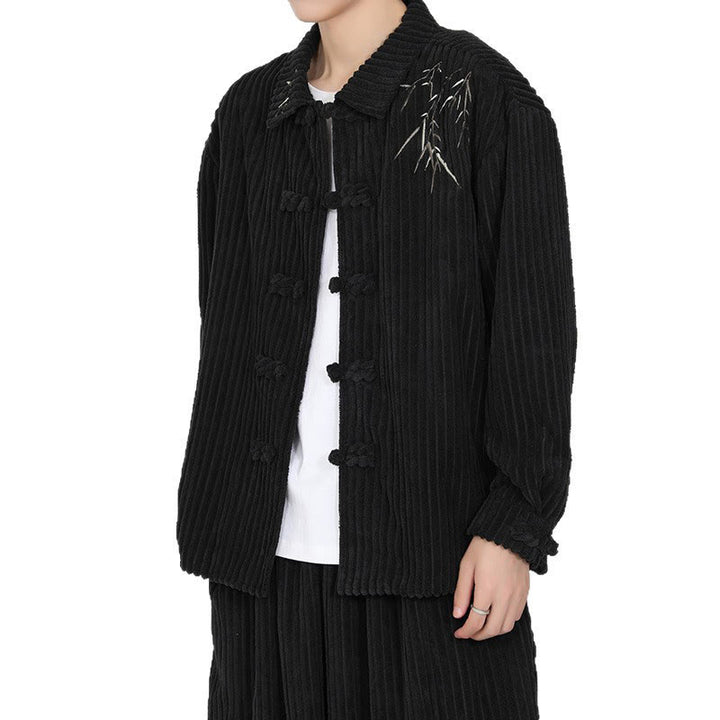 Veste en velours côtelé de coton à manches longues pour homme, motif bambou brodé de Buddha Stones , boutons grenouille - image 8