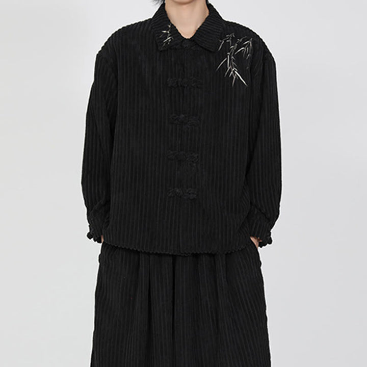 Veste en velours côtelé de coton à manches longues pour homme, motif bambou brodé de Buddha Stones , boutons grenouille - image 7