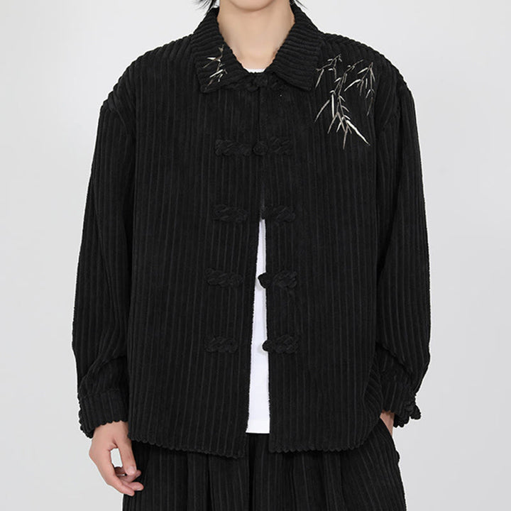Veste en velours côtelé de coton à manches longues pour homme, motif bambou brodé de Buddha Stones , boutons grenouille - image 2