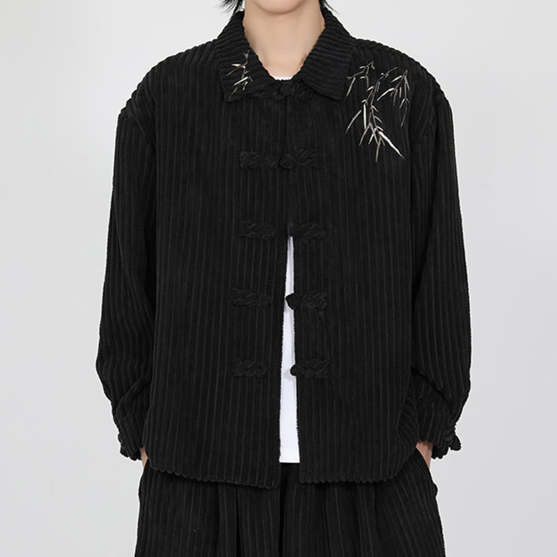 Veste en velours côtelé de coton à manches longues pour homme, motif bambou brodé de Buddha Stones , boutons grenouille - image 1