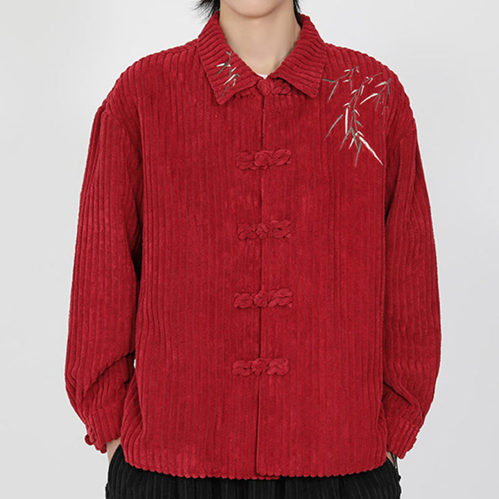 Veste en velours côtelé de coton à manches longues pour homme, motif bambou brodé de Buddha Stones , boutons grenouille - Cramoisi - US/UK/AU46，EU56 (5XL) - image 9