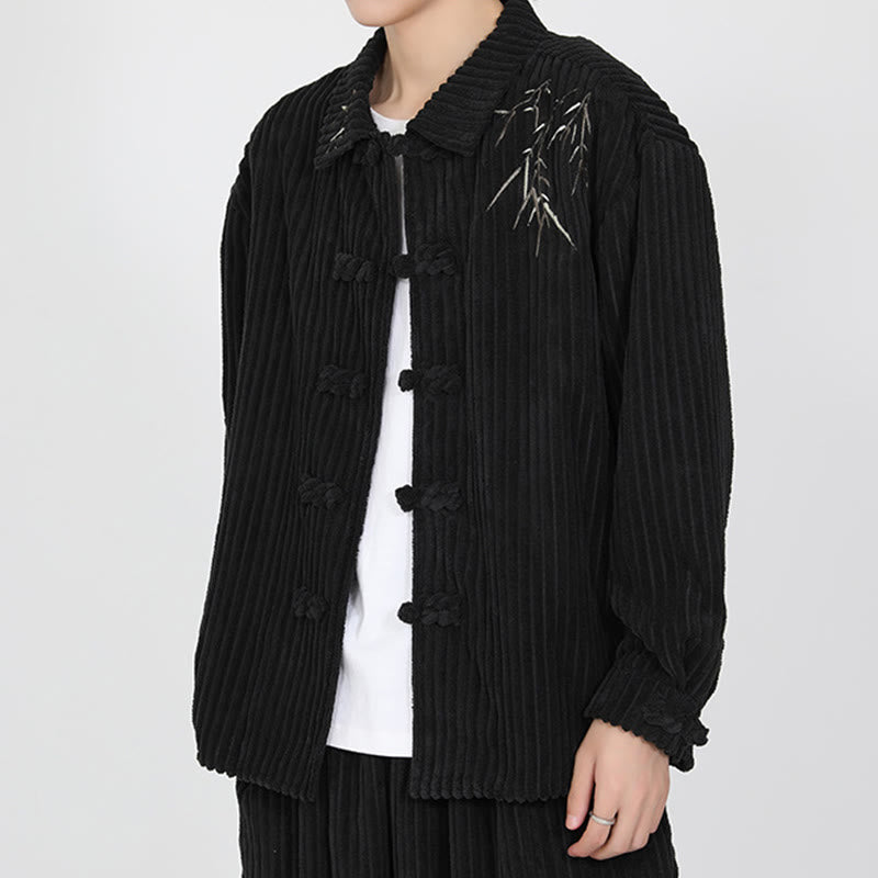Veste en velours côtelé de coton à manches longues pour homme, motif bambou brodé de Buddha Stones , boutons grenouille - image 4