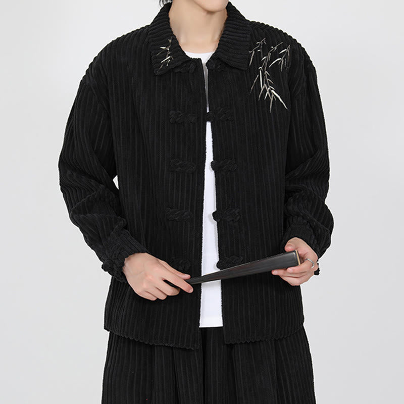 Veste en velours côtelé de coton à manches longues pour homme, motif bambou brodé de Buddha Stones , boutons grenouille - Noir - US/UK/AU46，EU56 (5XL) - image 0