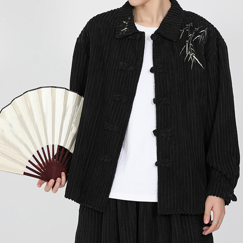 Veste en velours côtelé de coton à manches longues pour homme, motif bambou brodé de Buddha Stones , boutons grenouille - image 6