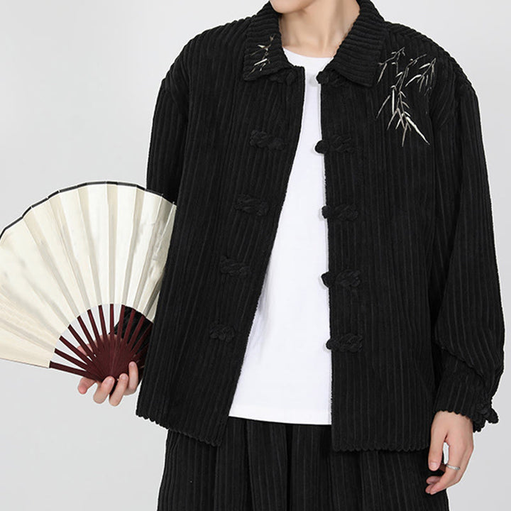 Veste en velours côtelé de coton à manches longues pour homme, motif bambou brodé de Buddha Stones , boutons grenouille - image 6