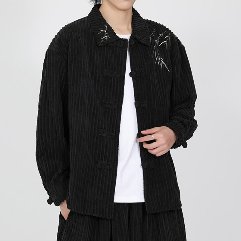 Veste en velours côtelé de coton à manches longues pour homme, motif bambou brodé de Buddha Stones , boutons grenouille - image 3